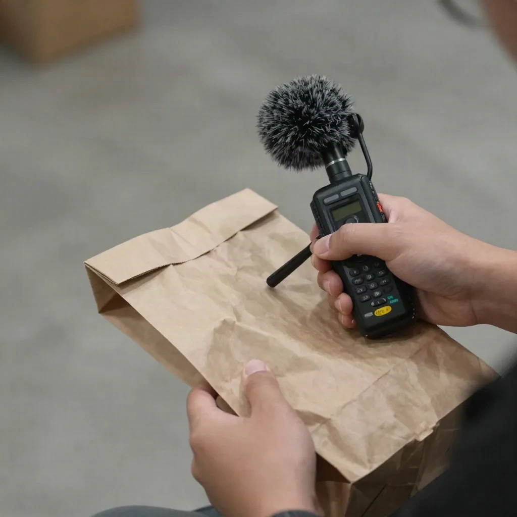 Field recorder capturing a crumpled paper bag for foley-style sample material
