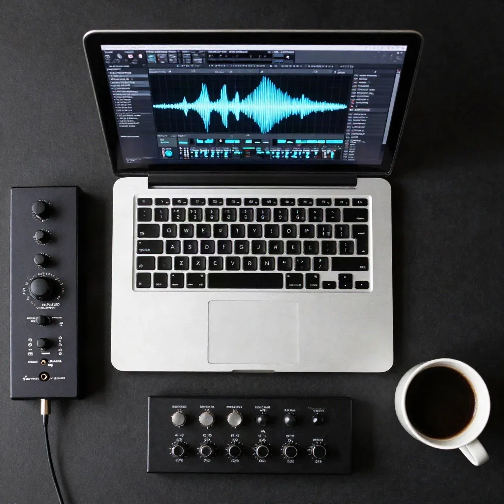 Laptop showing a stereo waveform with a limiter on a producer's desk
