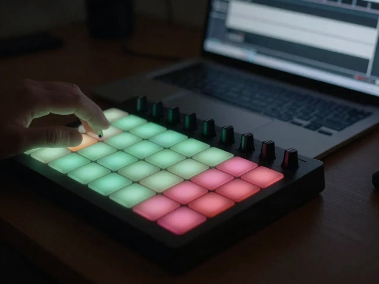 Hand on a backlit MIDI pad controller next to a laptop, triggering a short jingle for a live stream