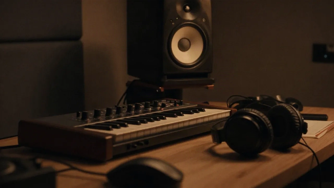Studiomonitor, MIDI-Keyboard und Kopfhörer auf einem Schreibtisch in einem dunklen Raum