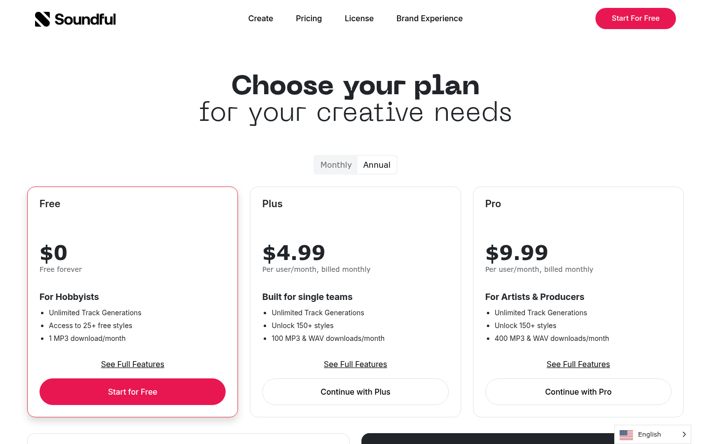 Soundful pricing page screenshot showing Free, Plus and Pro monthly plans