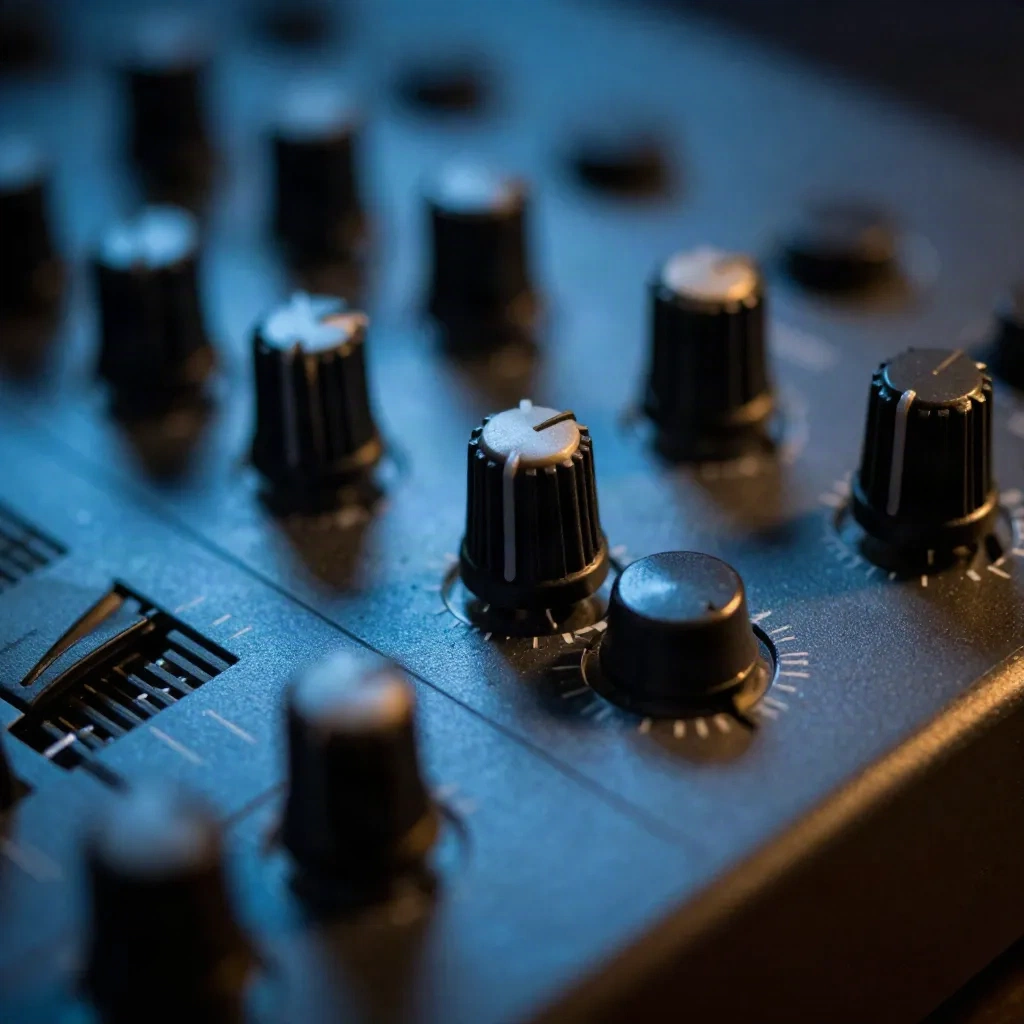 Synthesizer filter knobs in close-up, the core of synthesis-based sound design