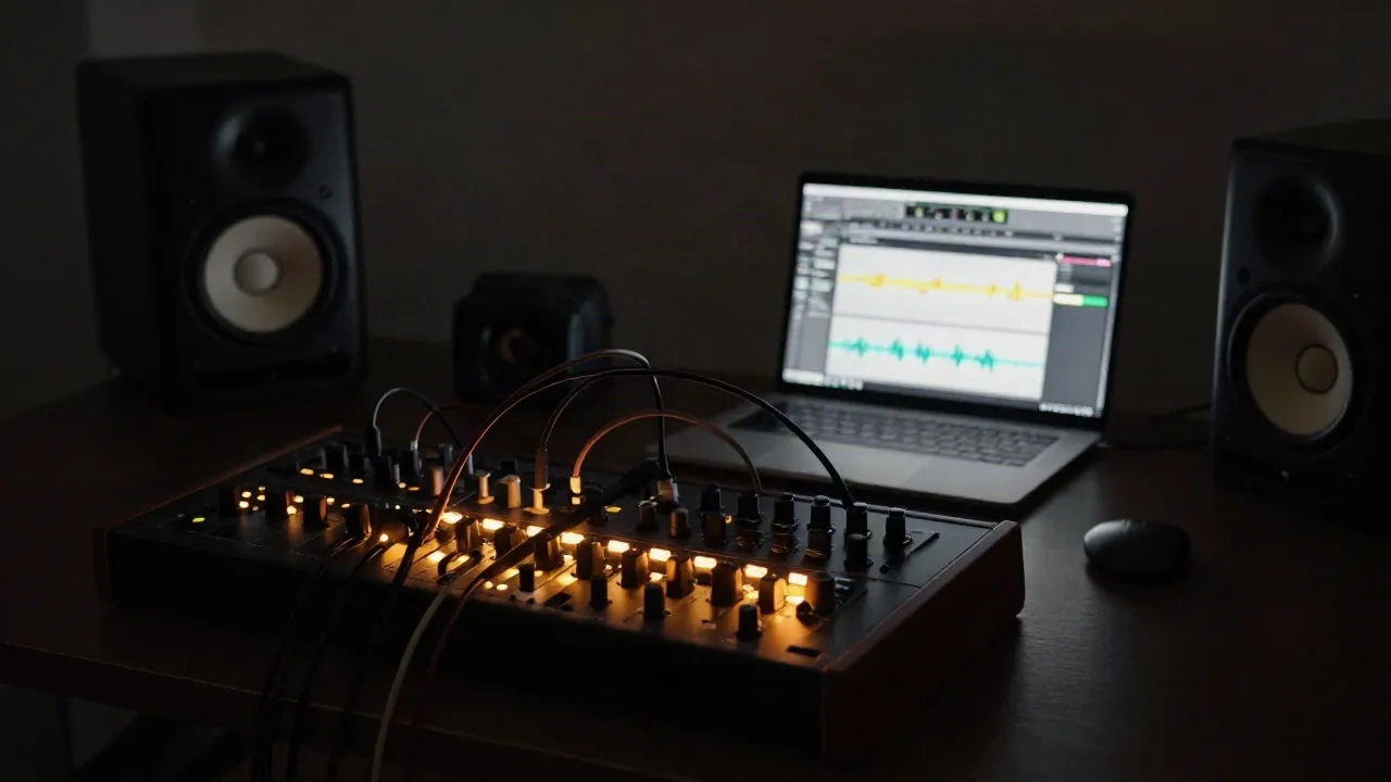 Modular synth and laptop waveform editor on a dark studio desk, sound design in progress