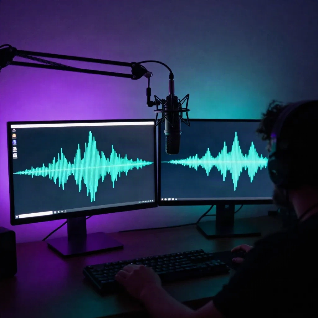 Streamer desk with two monitors showing waveforms and a boom mic