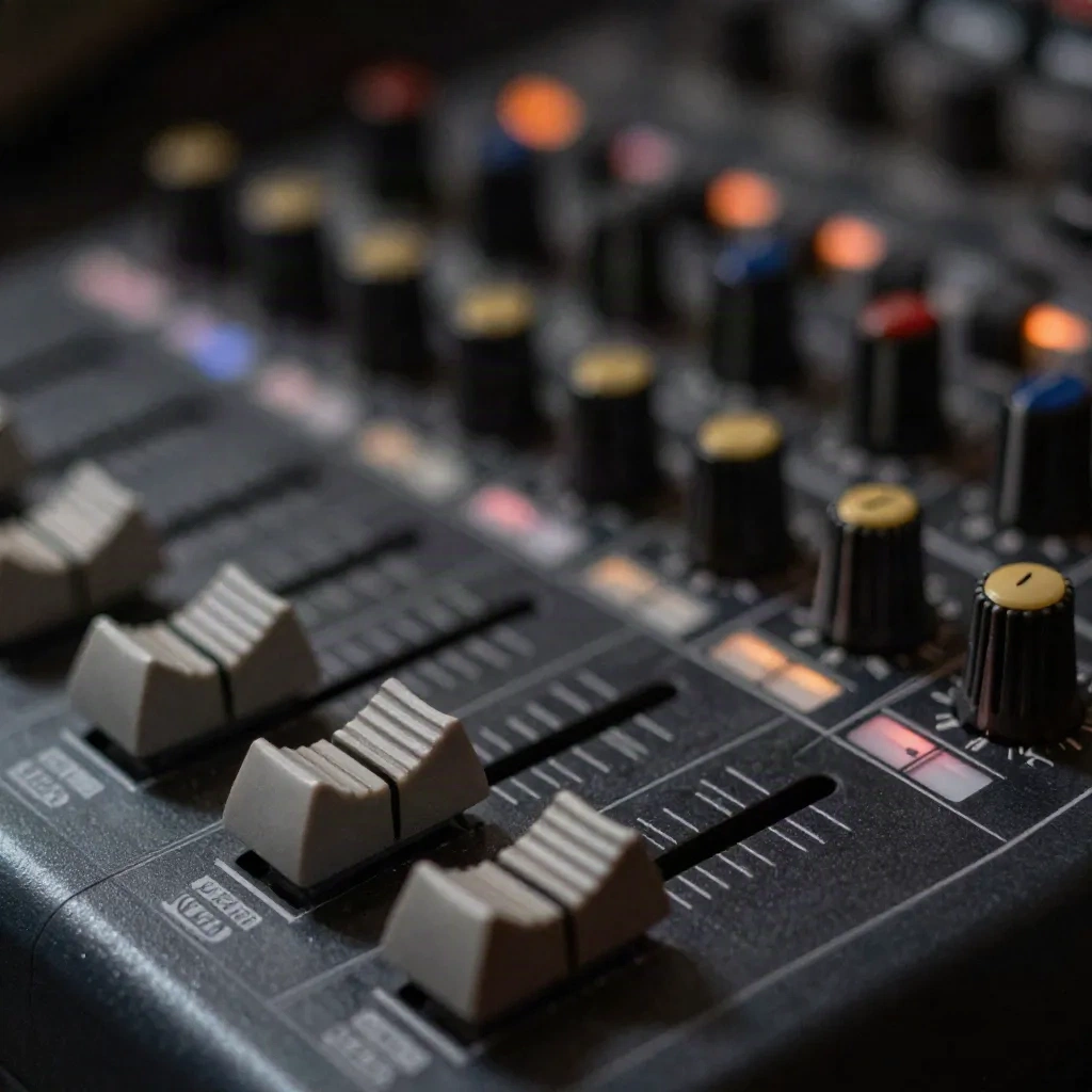 Close-up of mixer channel faders and knobs during a mixing session