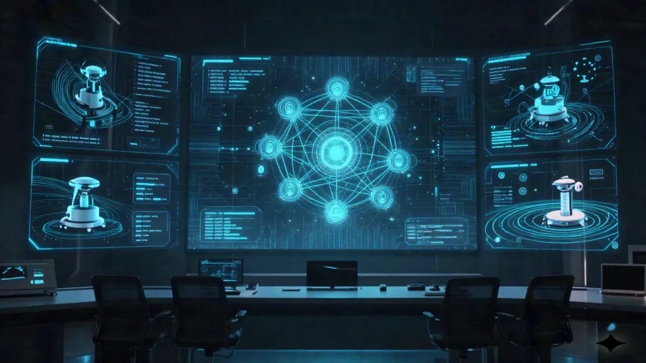 AI agent network control room with interconnected autonomous systems and data flows