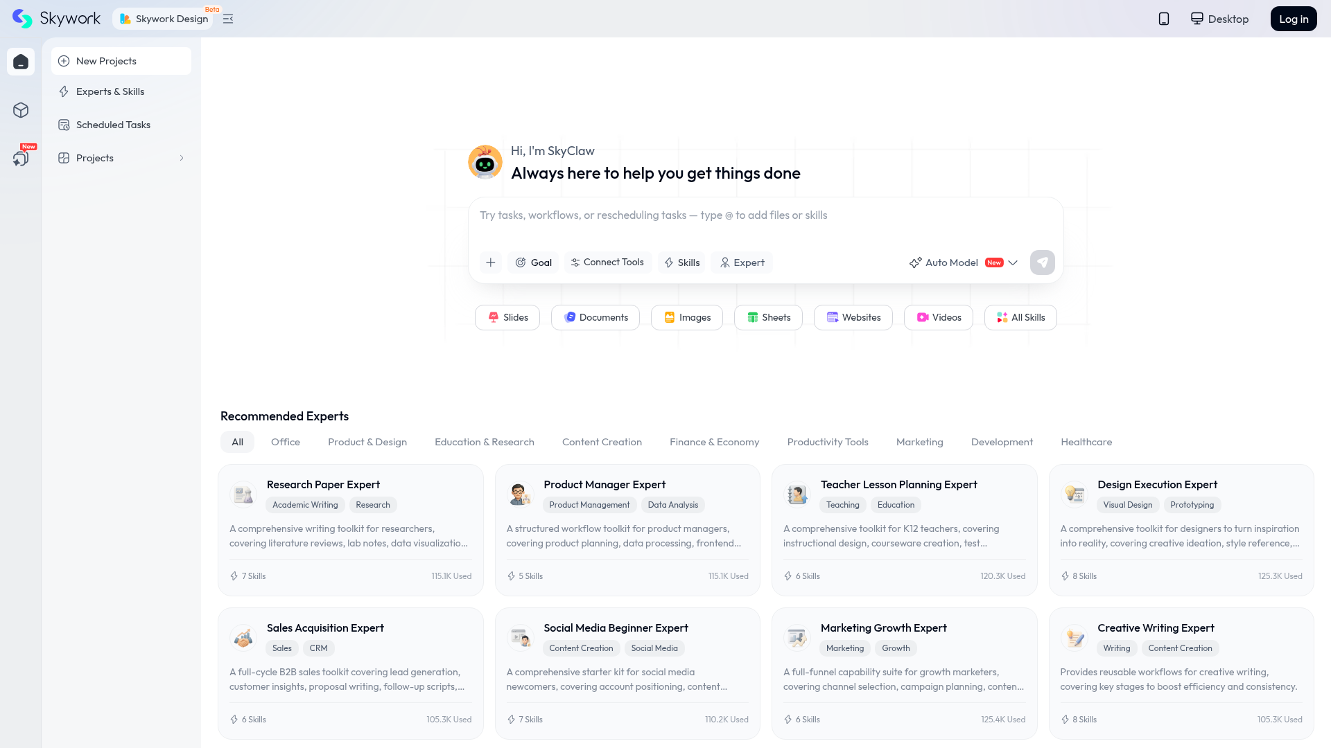 Skywork AI homepage hero showing the AI workspace agent selector for documents, slides, images, sheets, websites, videos and podcasts