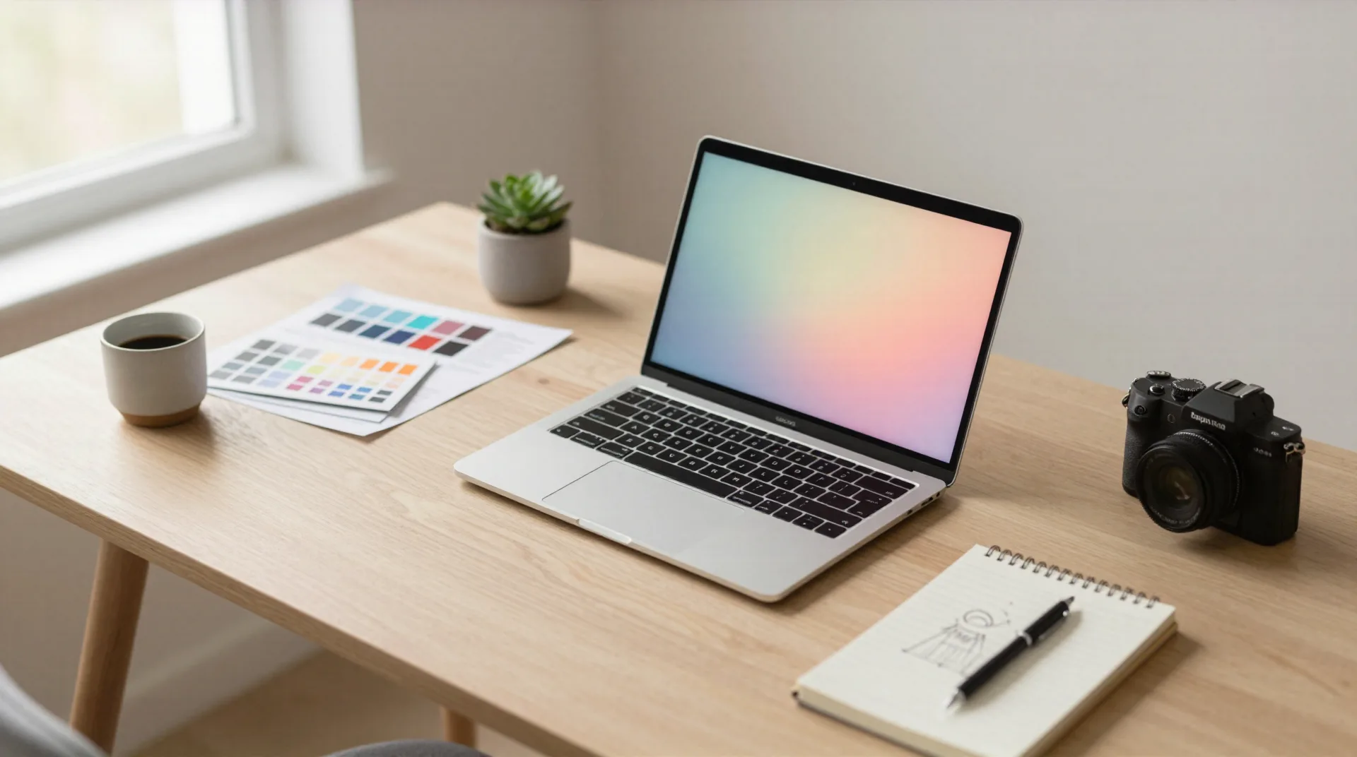 Home office desk with laptop and printed creative outputs, symbolizing one AI workspace producing multiple types of work