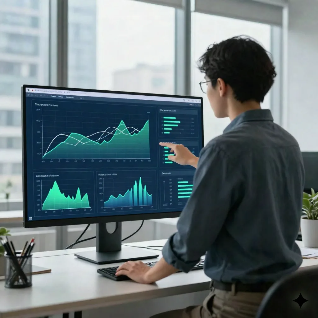 Marketing analyst reviewing a dashboard with line graphs on a large monitor