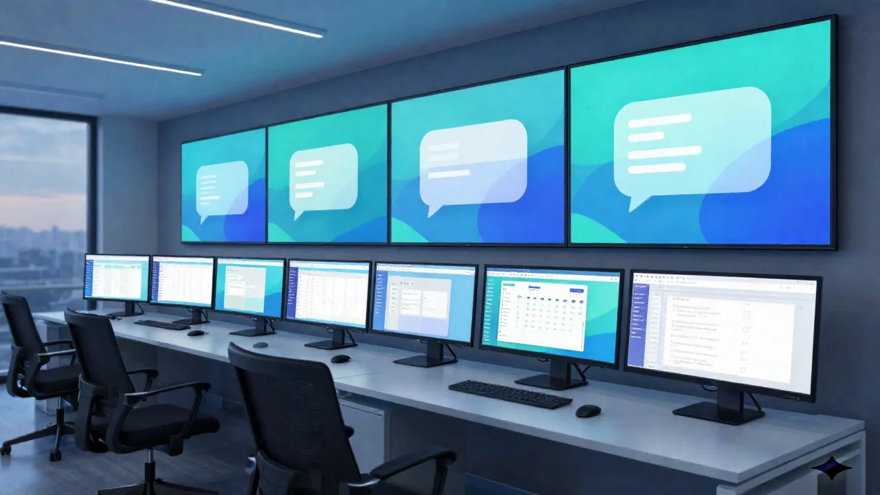 Sala di controllo con schermi che visualizzano interfacce di ricerca AI astratte