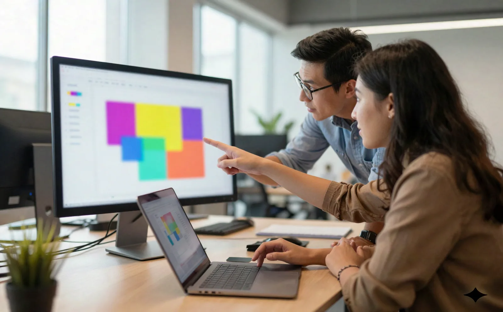 Deux professionnels du marketing passent en revue un plan de présentation sur un écran dans un bureau lumineux