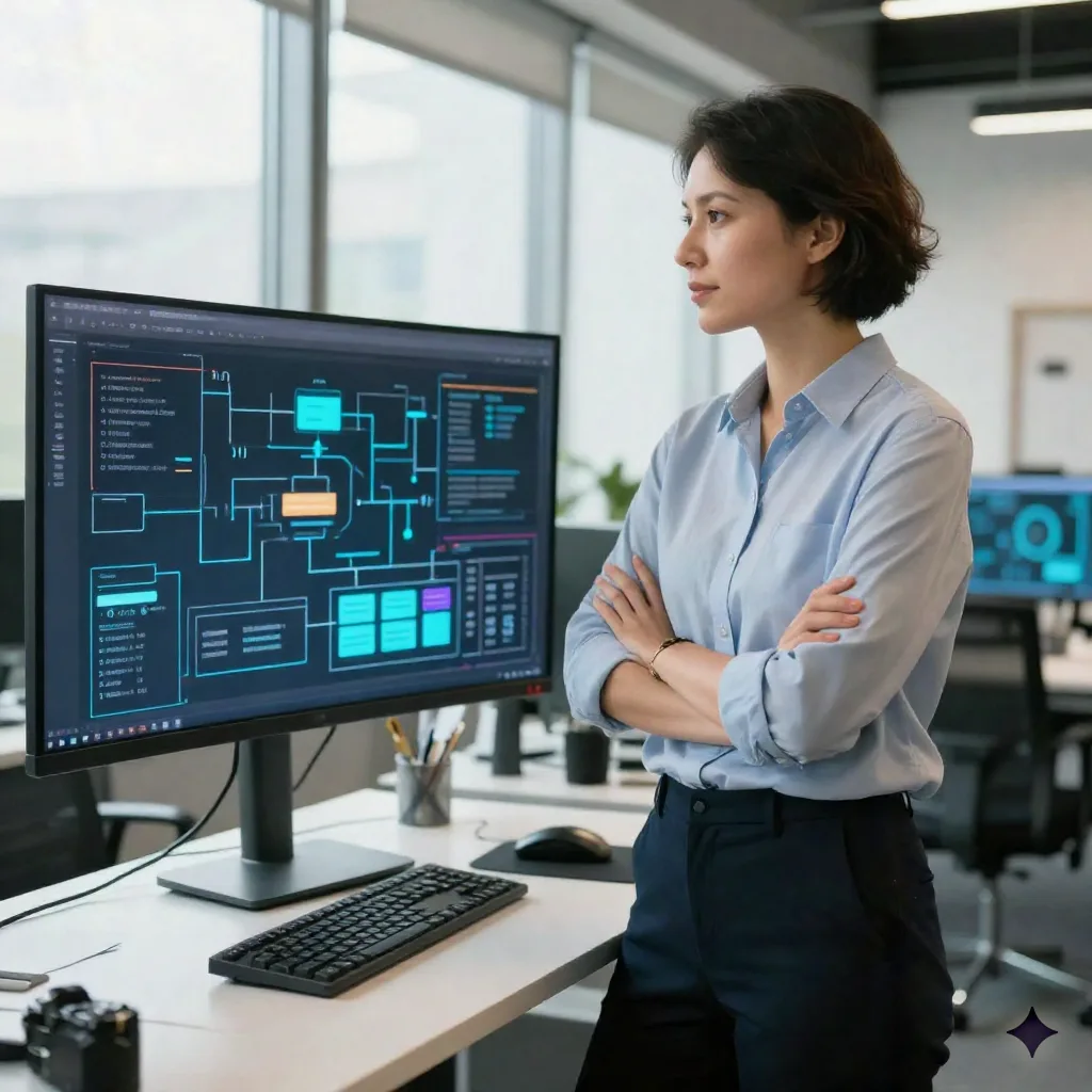 Marketing operations professional looking at monitors showing abstract campaign flow diagrams