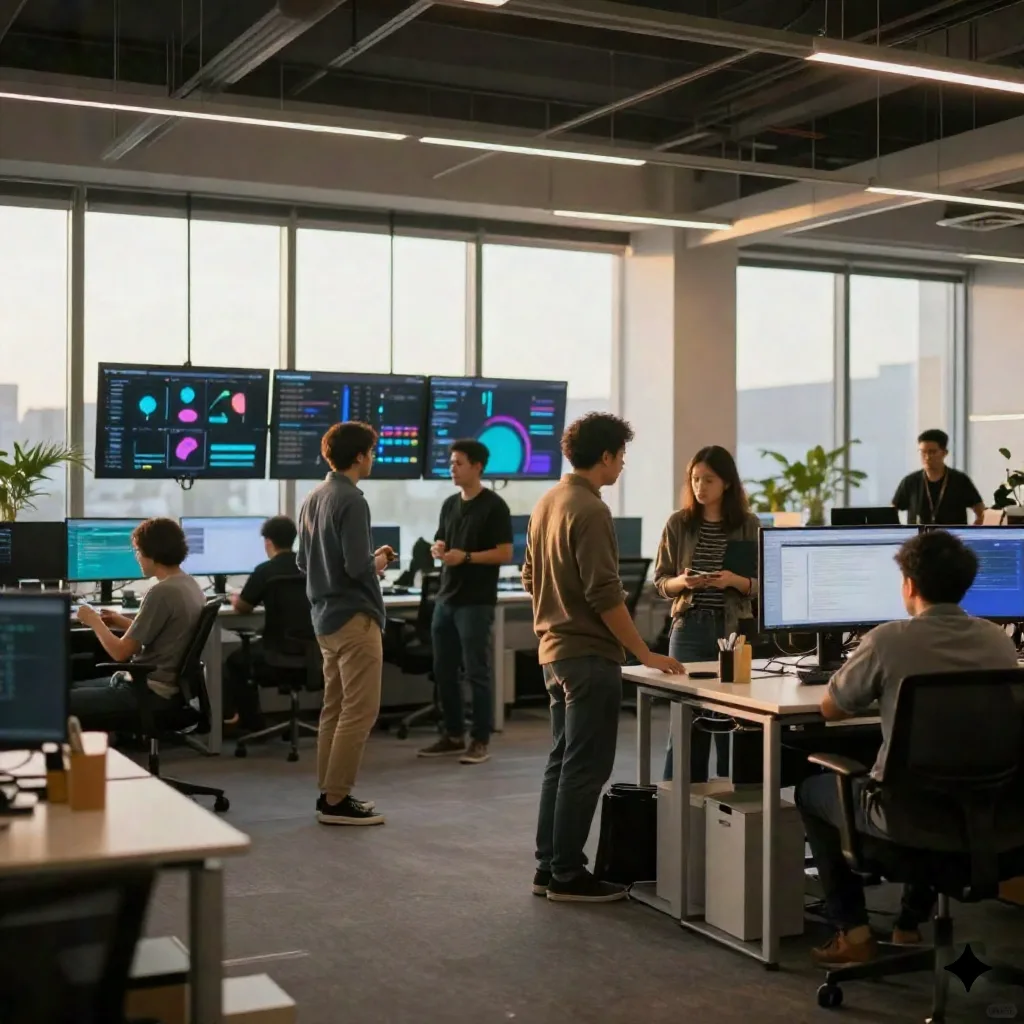 Marketing team gathered in an open-plan office at golden hour near screens showing abstract dashboards