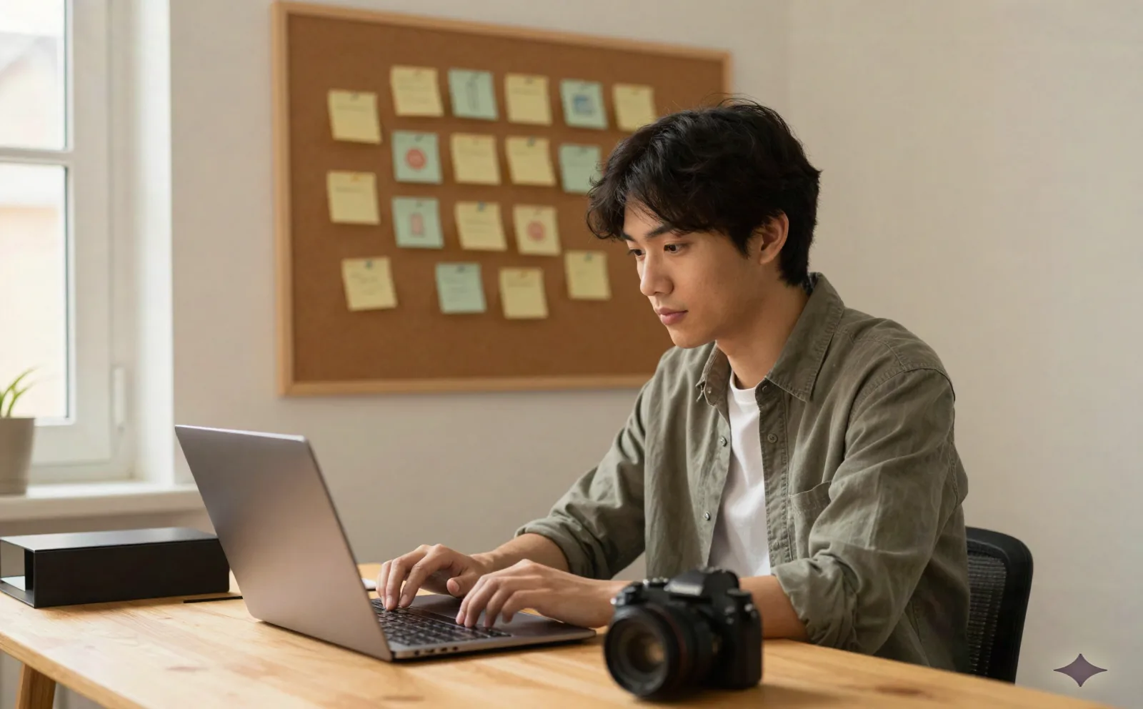 Solo entrepreneur travaille au bureau domicile avec un tableau d'icônes d'outils consolidés