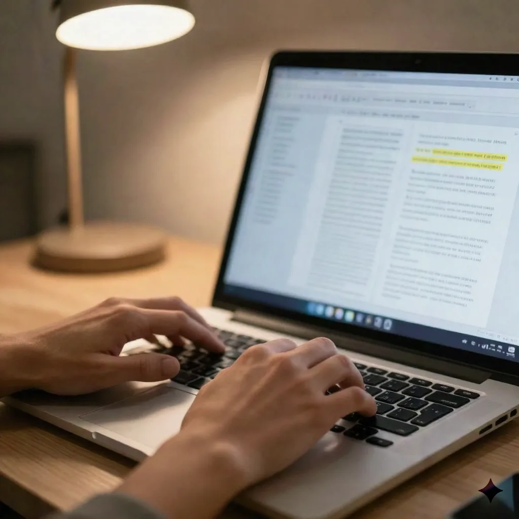 Hands typing on a laptop with a blurred document editor on screen
