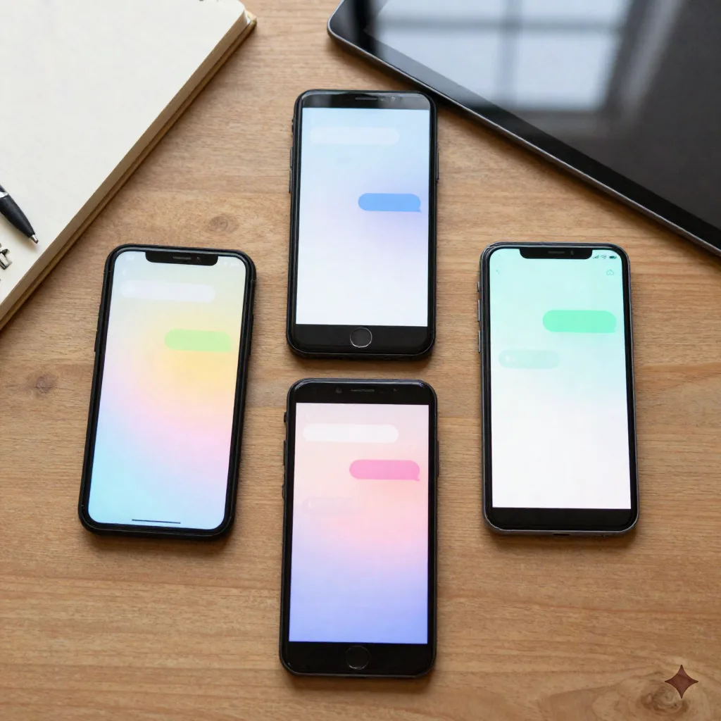 Flat-lay of phones and a tablet glowing with abstract chat interfaces on a desk