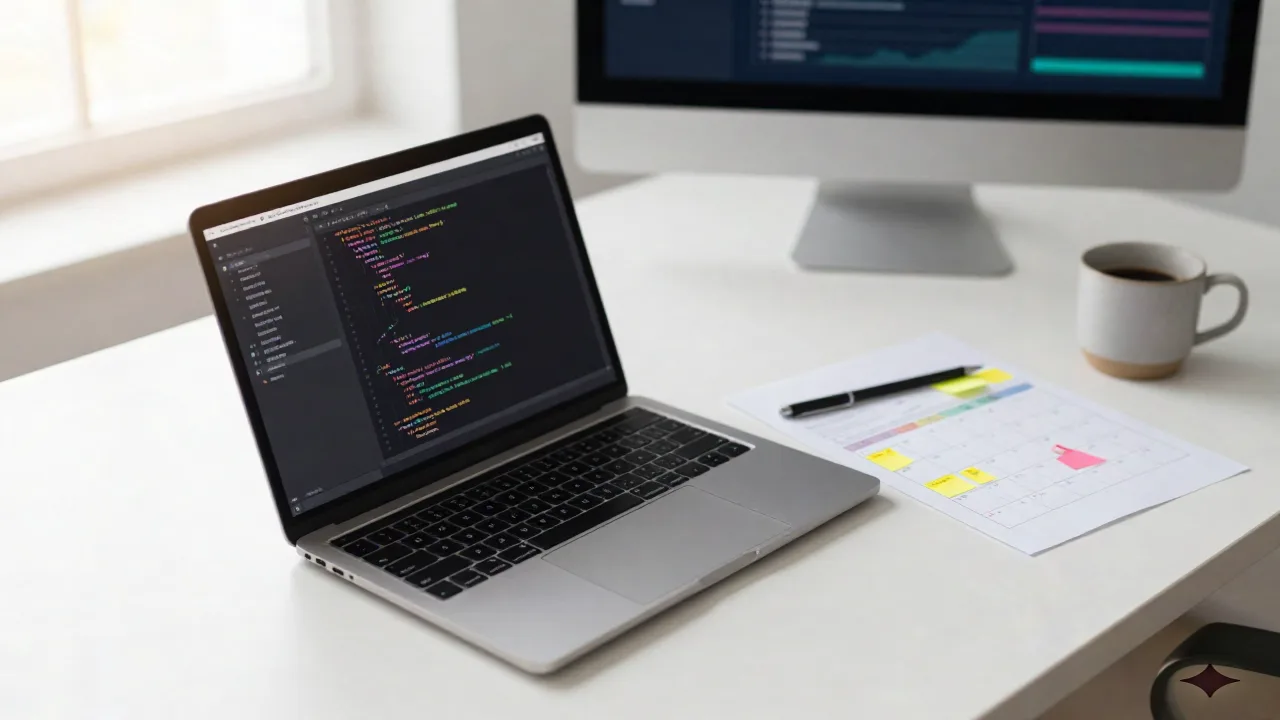 Schreibtisch mit Laptop, der einen abstrakten Code-Editor zeigt, daneben ein Papierkalender für Kampagnen und eine Tasse Kaffee