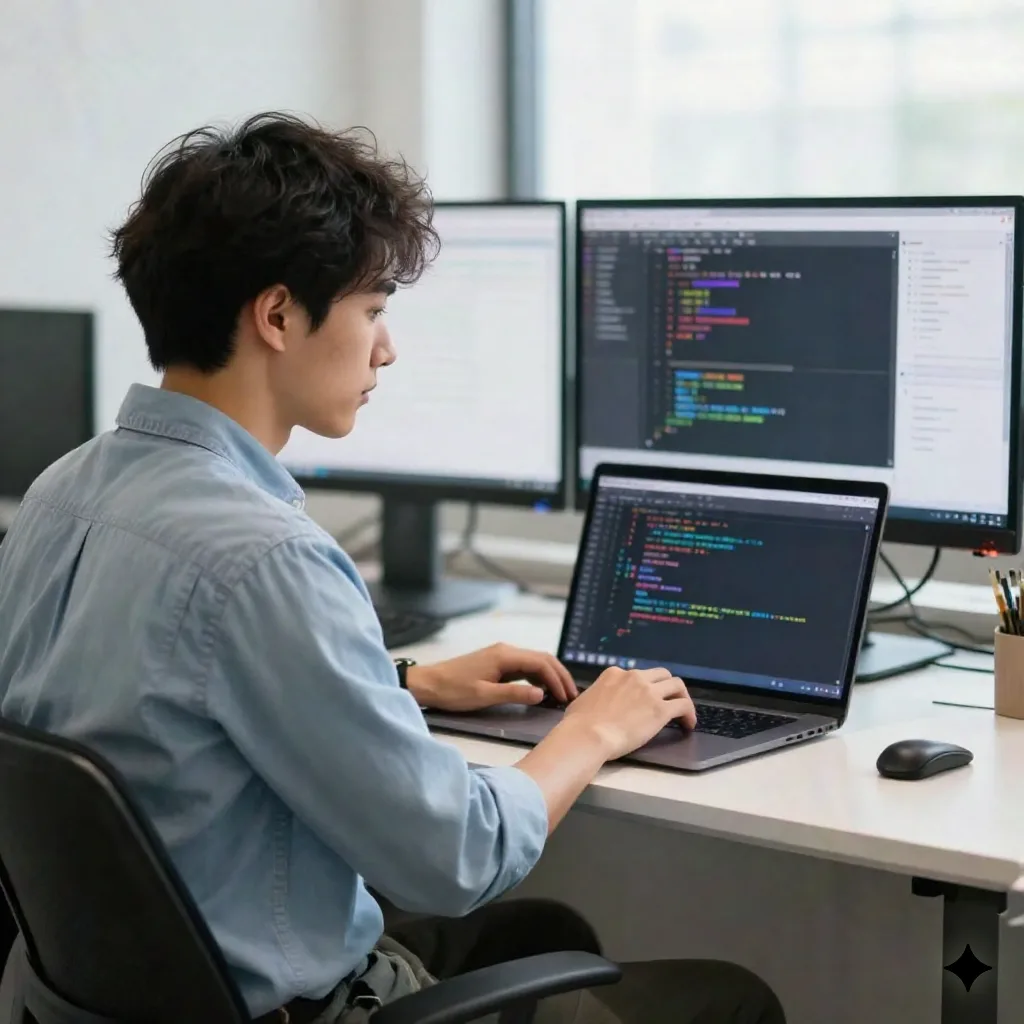 スタンディングデスクでコードエディタとキャンペーン分析画面を見るマーケティングオペレーション担当者