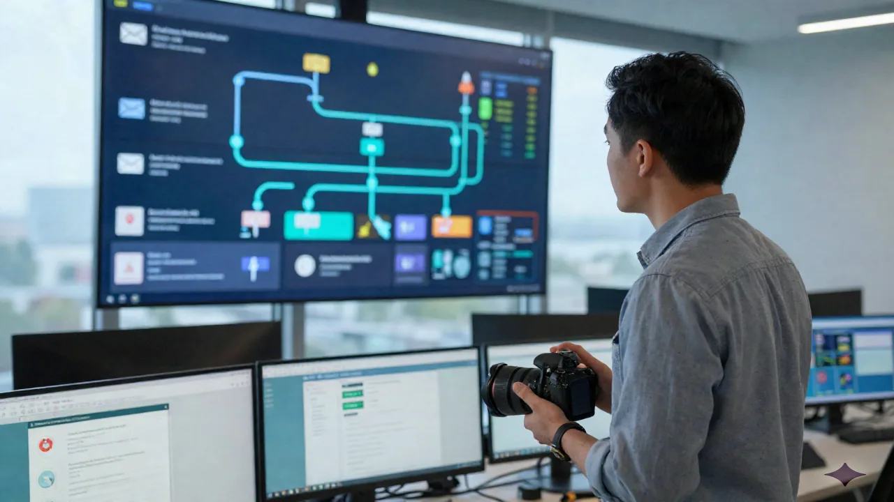 Marketing operations lead viewing a control-room style wall display tracking multiple live campaign channels