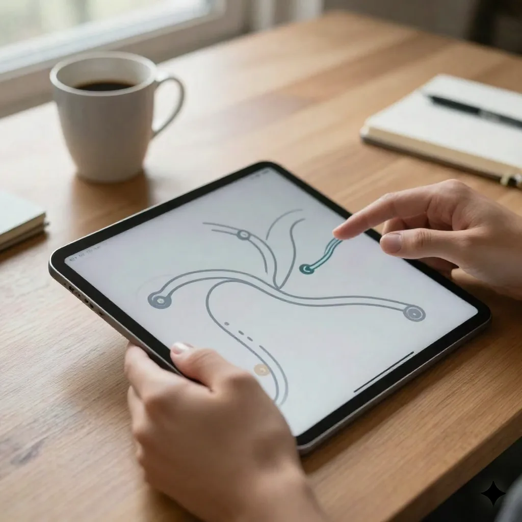 Close-up of hands adjusting a tablet showing abstract campaign route lines on a desk