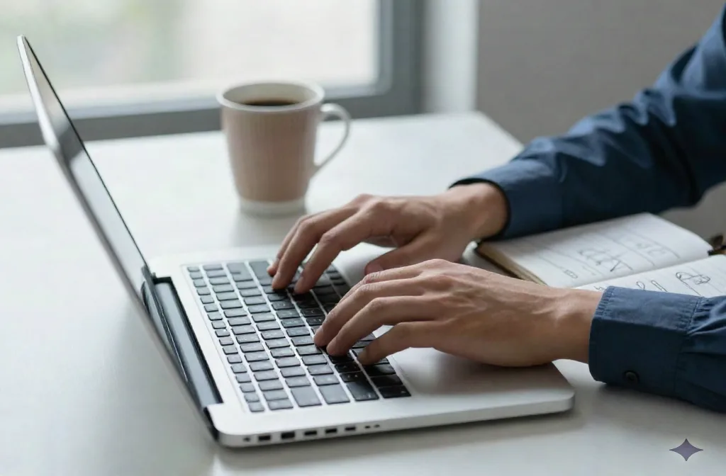 Close-up of hands typing on a laptop next to a notebook sketched with campaign charts