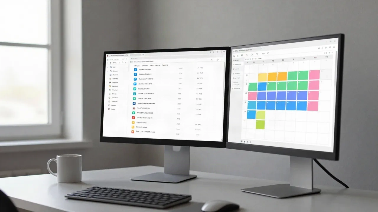 Postazione di lavoro con doppio monitor che mostra inbox email e calendario con codici colore, luce naturale dalla finestra, fotografia editoriale