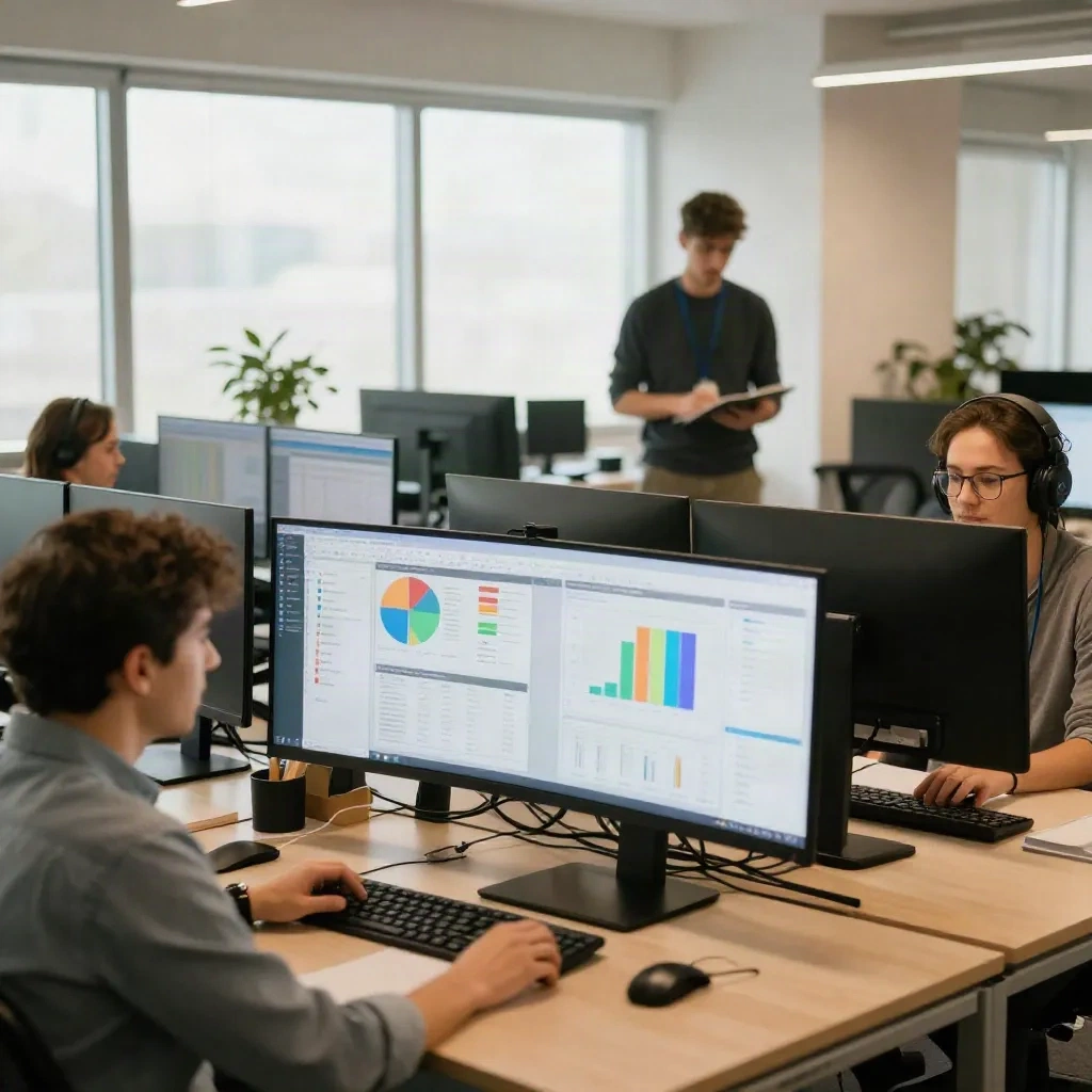 Equipo de marketing colaborando en análisis de campaña y estrategia de keywords en una oficina moderna