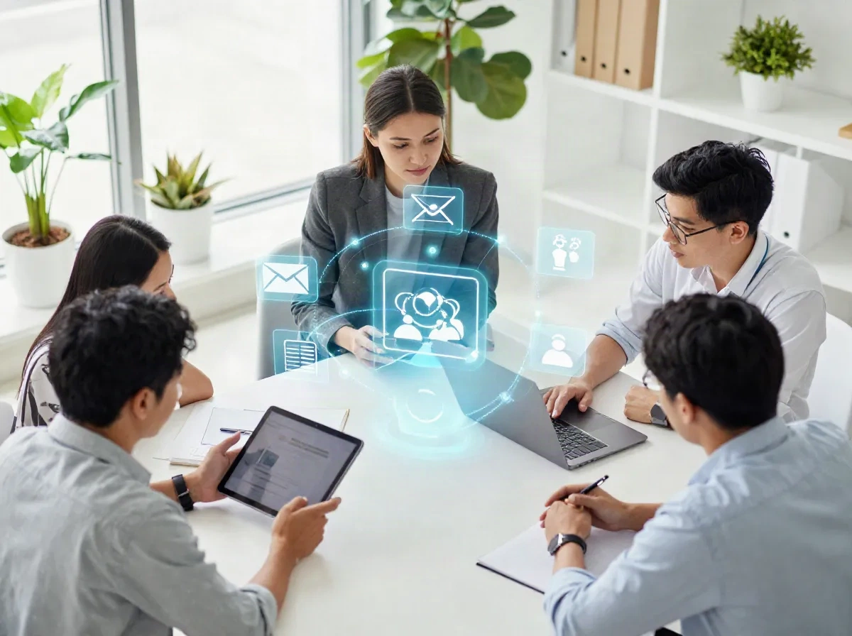 Team marketing che collabora attorno al reindirizzamento dei canali orchestrato dall'IA per email, ads, social e CRM