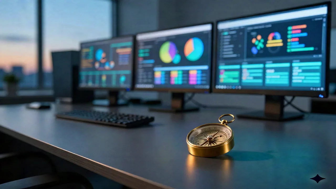 Marketing operations desk with campaign analytics dashboards glowing on monitors and a brass compass in the foreground
