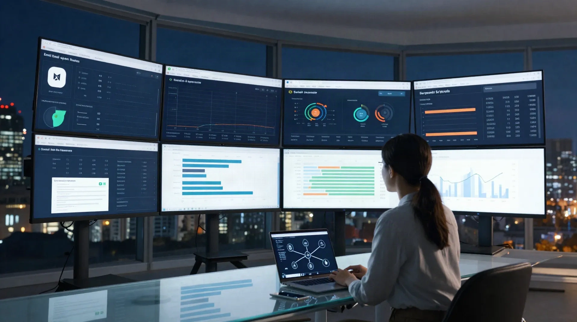 Dashboard des KI Marketing Assistenten zeigt Multi-Channel-Kampagnenrouting über E-Mail, Ads, Social und CRM