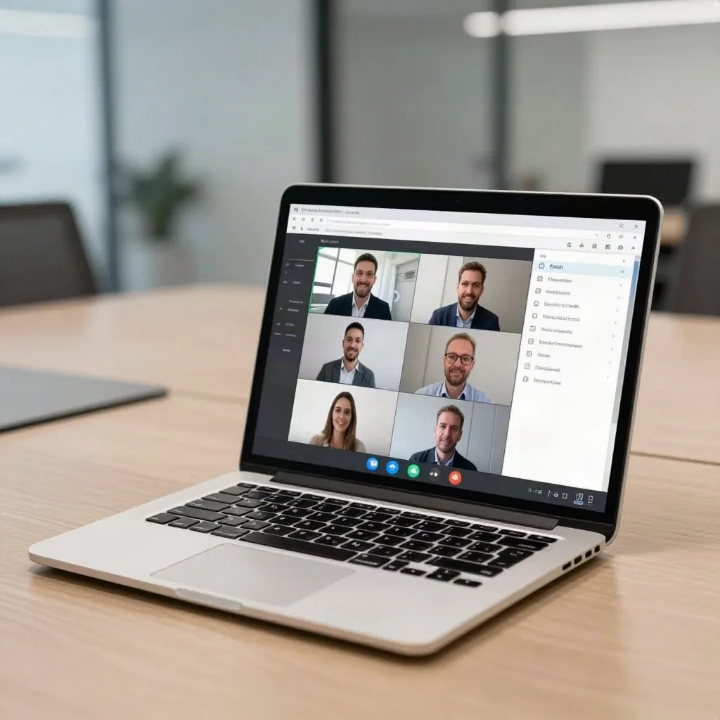 Laptop su un tavolo da conferenza con interfaccia video call e pannello note laterale, illuminazione diffusa, nessun volto visibile