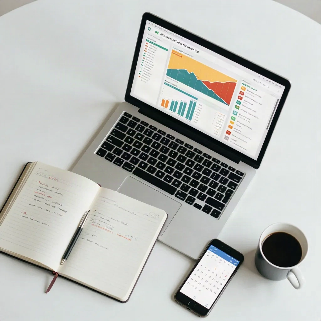Flat-lay dall'alto di una scrivania marketer con laptop aperto su dashboard analytics campagna, taccuino con appunti scritti a mano, smartphone con calendario, tazza di caffè, luce naturale