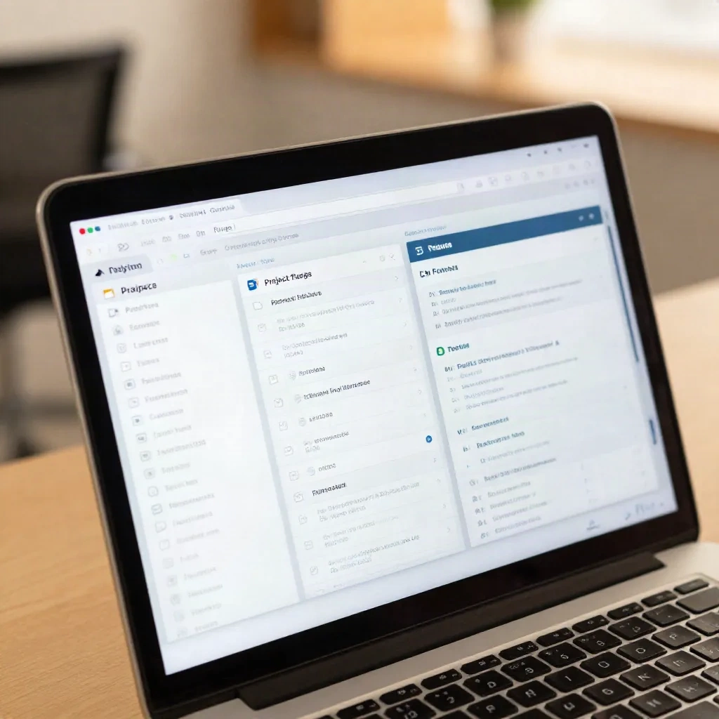 Schermata laptop con più finestre app tra cui inbox email, task list e dashboard CRM, scrivania moderna con luce calda
