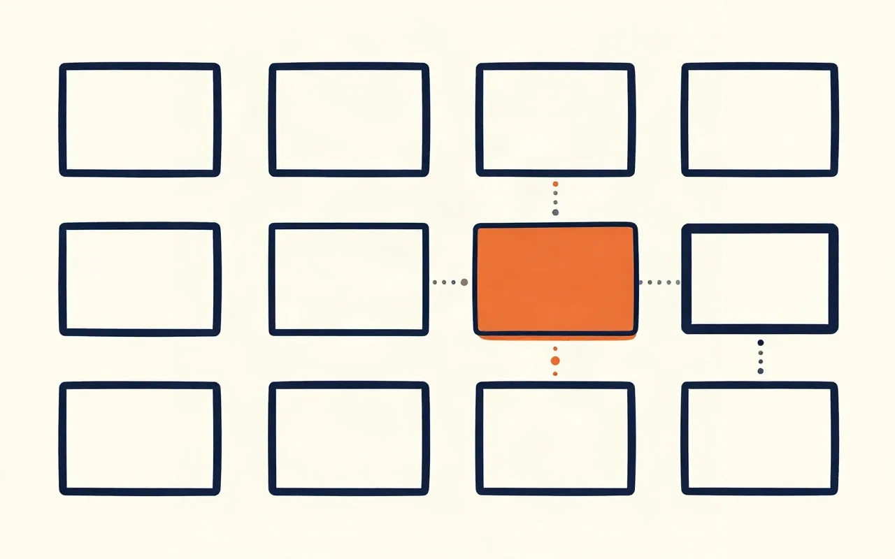 Grid of slide thumbnails with one highlighted slide connected to checkpoints