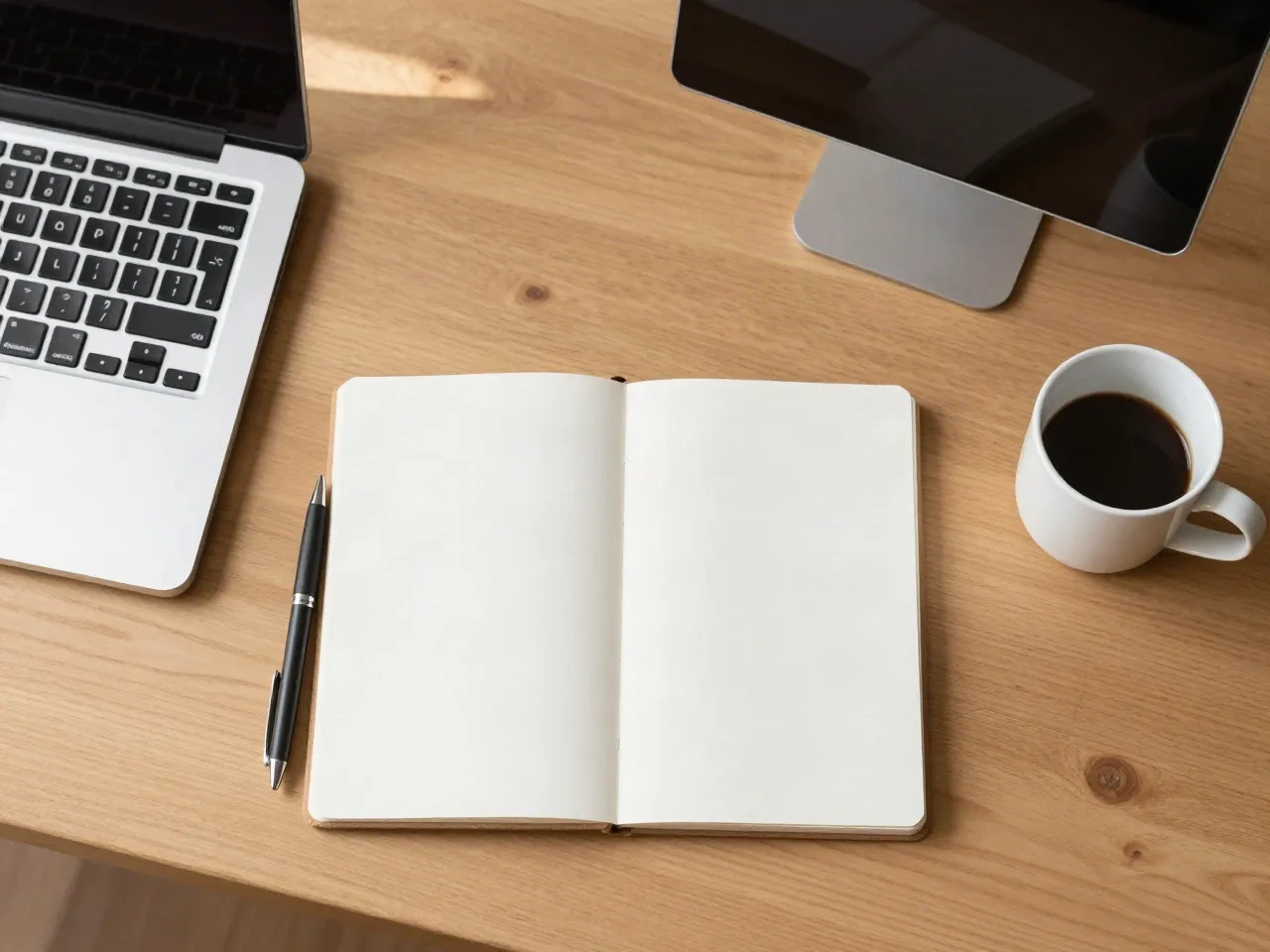 Offenes leeres Notizbuch, Stift und Laptop auf einem Schreibtisch, bereit für ein Kampagnen-Briefing