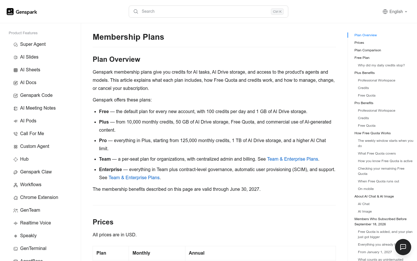 Page des plans du centre d'aide Genspark listant Free, Plus, Pro, Team et Enterprise