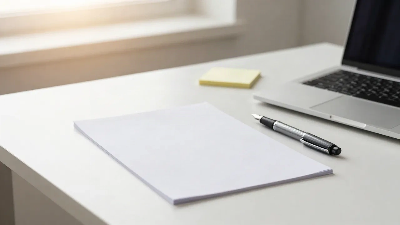 Clean desk with a blank sheet of paper, fountain pen, sticky note and laptop in morning light