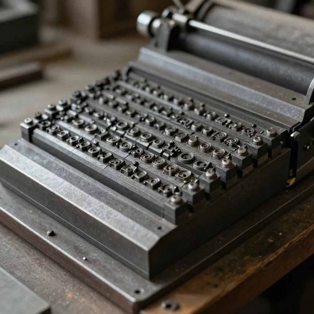 Antieke letterpersplaat met losse letters, de oorsprong van het woord boilerplate