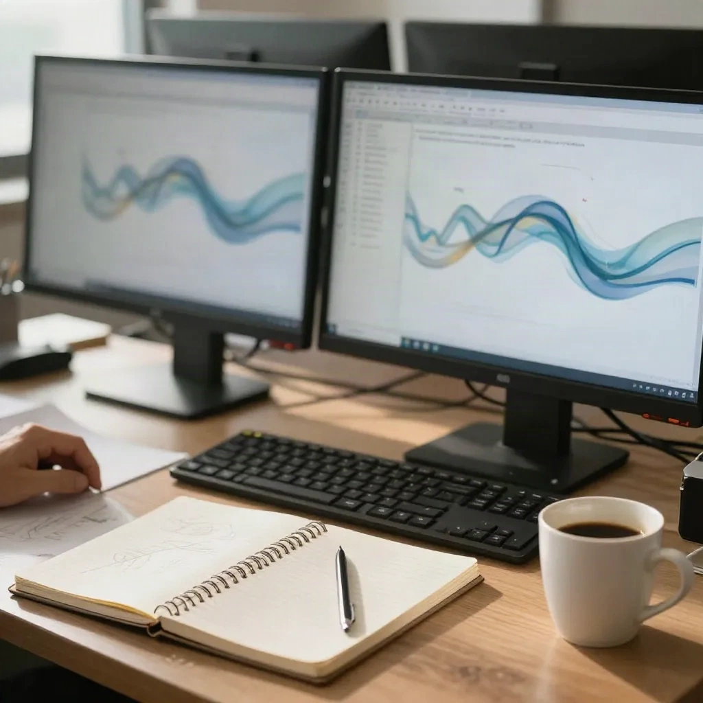 Marketing operations desk with flow diagrams on two monitors