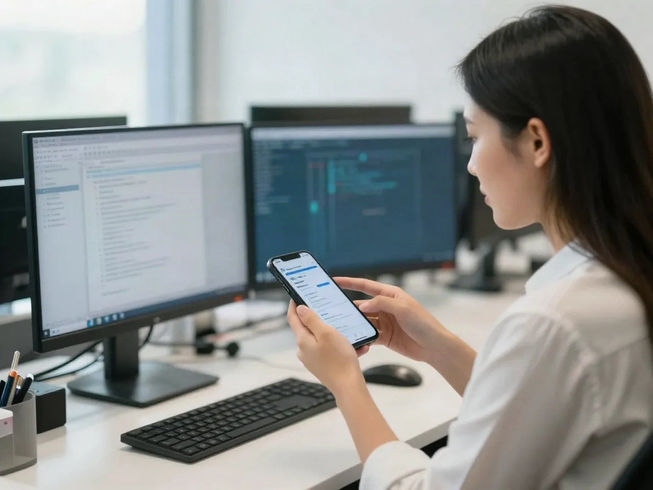 Marketing Manager liest an einem offenen Arbeitsplatz eine Benachrichtigung über eine Kampagnenänderung auf dem Smartphone