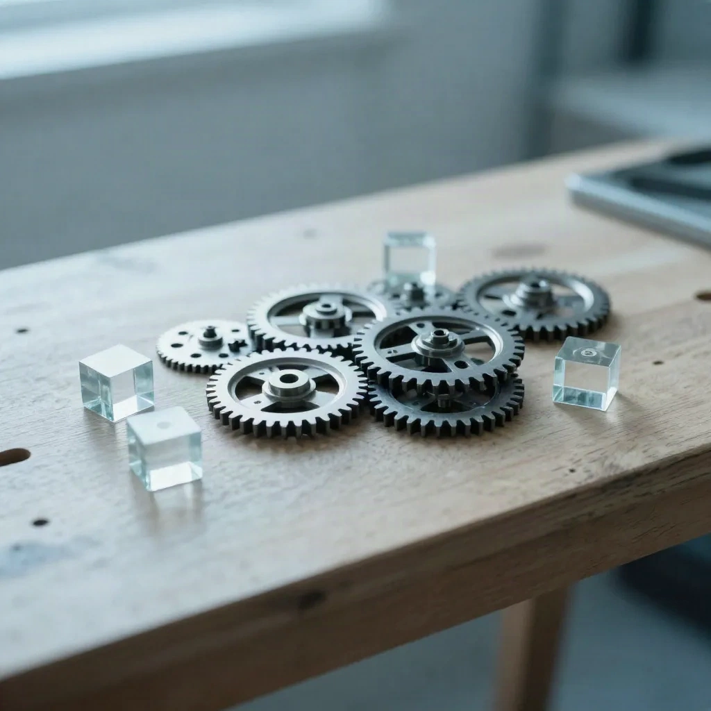 Interlocking gears and glass building blocks on a workbench