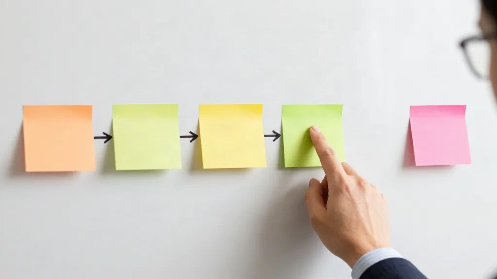 Five sticky notes in a left-to-right sequence on a whiteboard, one being pointed at