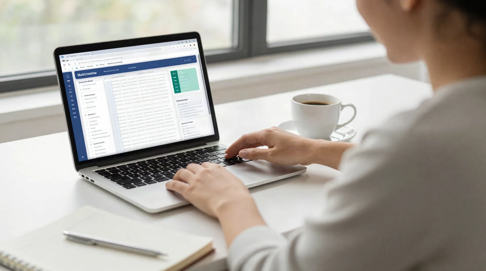 Growth Marketer am Schreibtisch mit Laptop und Notizbuch, der mit einem KI persönlichen Assistenten arbeitet