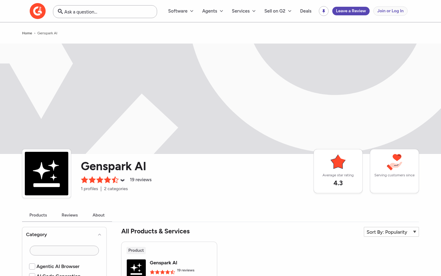 Fiche fournisseur Genspark AI sur G2 affichant une moyenne de 4.3 pour 19 avis