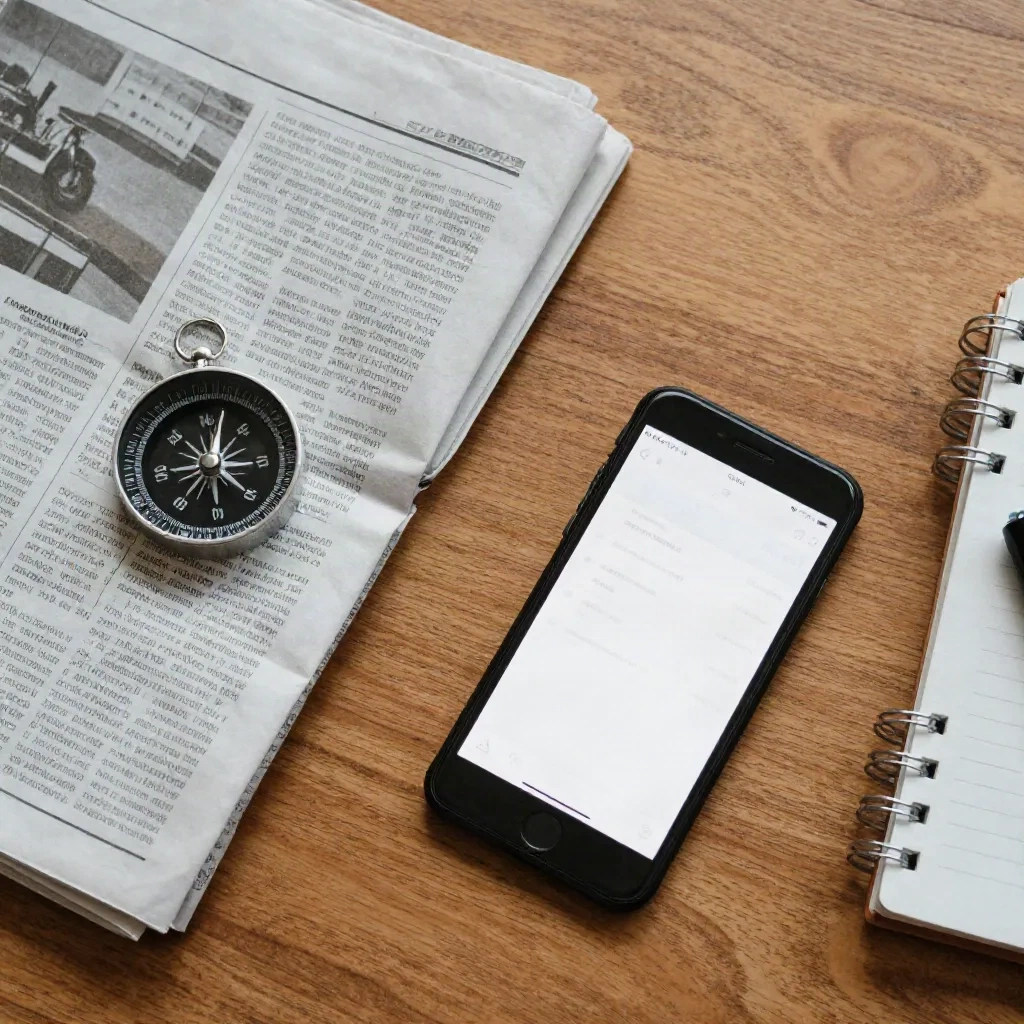 Kompas op een krant, naast een smartphone en een notitieboekje