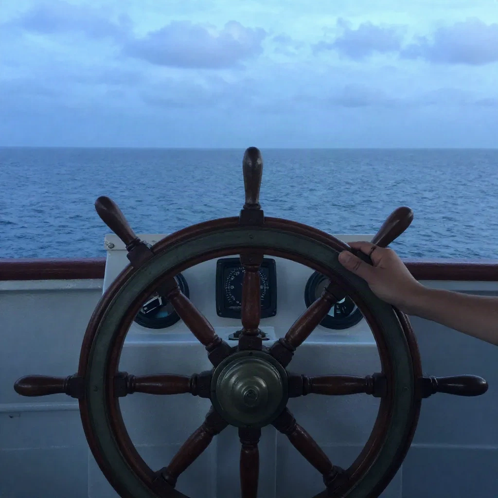 Ship helm and control instruments at dawn