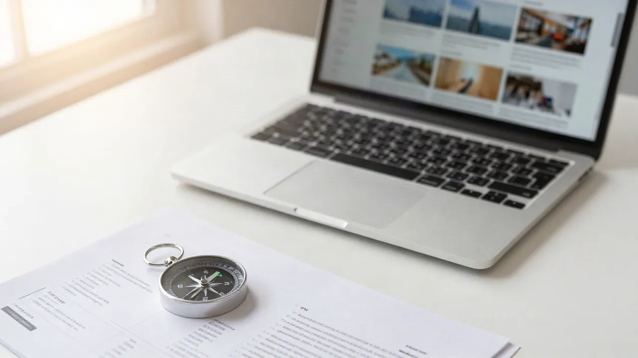 Compass obok wydrukowanych planów kampanii i laptopa pokazującego miniatury slajdów