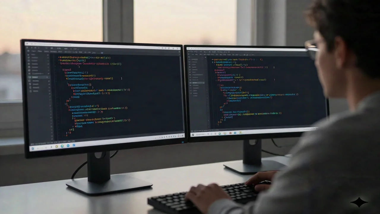 Platform engineer reviewing TypeScript code for refactoring at dual monitor workstation