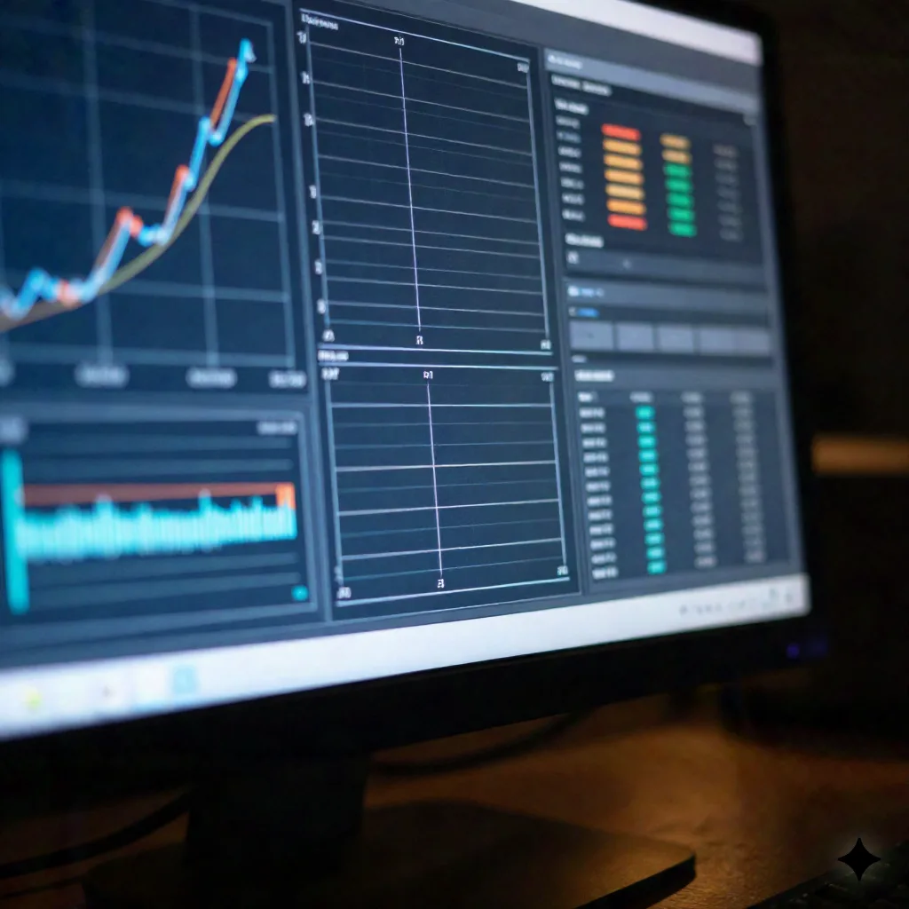 Close-up of a monitor showing abstract metric graphs, representing observability data an AI agent correlates during an investigation