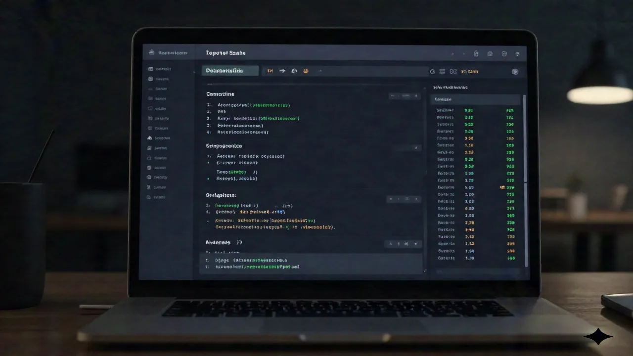 Dashboard scuro con report outline tecnico generato e lista KPI